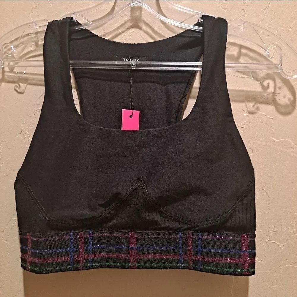 TEREZ PLAID GLITTER ELASTIC RIBBED BLACK SPORTS BRA Small Black/purple